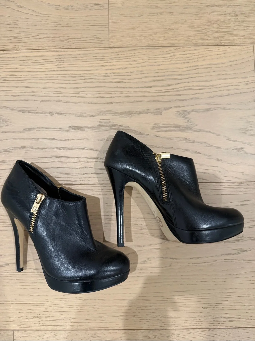 Michael Kors Women's Black Leather High Heel Booties with Gold Zipper